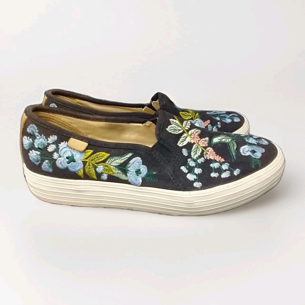 Keds Rifle Paper Co Slip On Sneakers Womens 7.5 Navy Blue Floral Embroidered